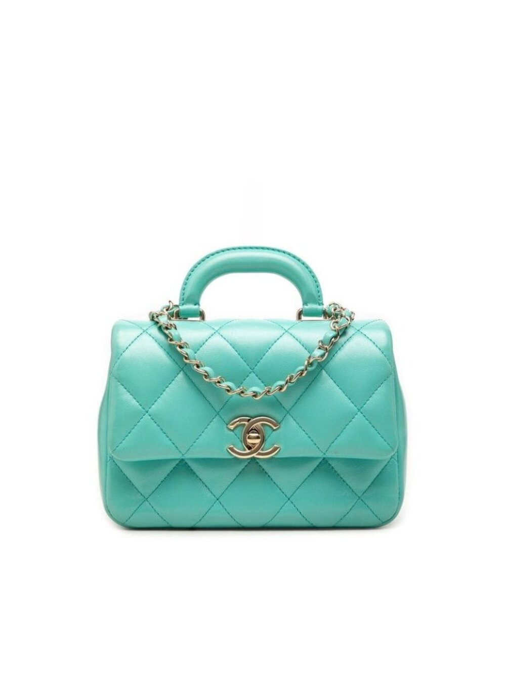 Chanel CC Logo Quilted Top Handle Chain Shoulder Bag Blue Green Calfskin